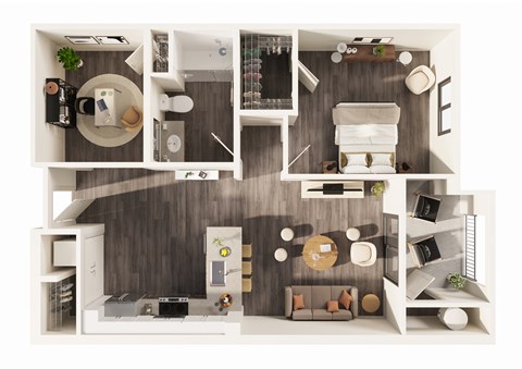 A top-down view of a modern apartment layout.